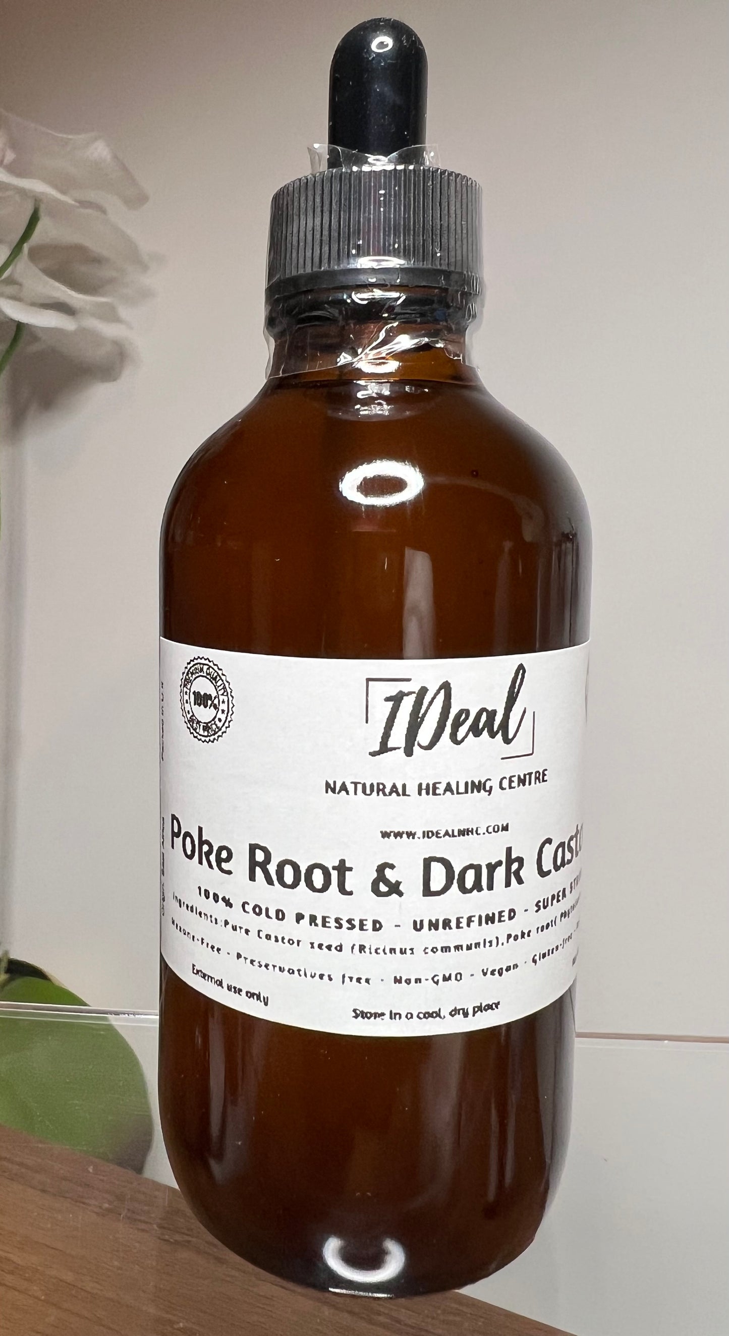 Poke Root & Dark Castor Botanical Oil-Traditional Herbal External Support Oil 100% natural-Organic-Amber glass sealed bottle